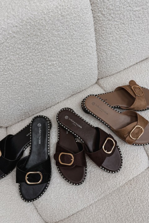 Women's Flat Heeled Shoes With Gold Buckle Black Selivelle