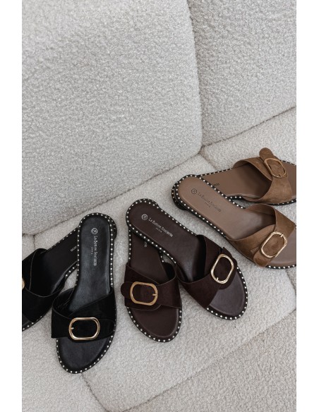 Women's Flat Heeled Shoes With Gold Buckle Black Selivelle