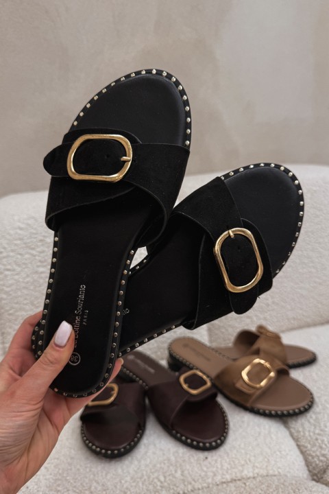 Women's Flat Heeled Shoes With Gold Buckle Black Selivelle