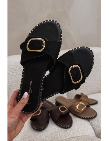 Women's Flat Heeled Shoes With Gold Buckle Black Selivelle