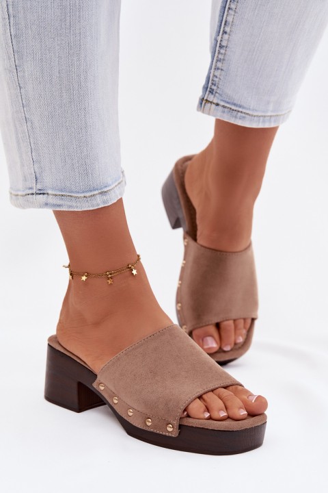 Moteriškos basutės su blokiniu kulnu tamsiai smėlio spalvos su auksinėmis sagtimis Davessa