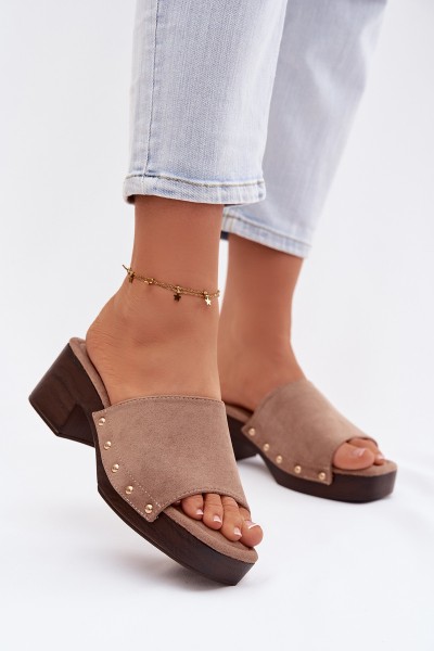 Women's Block Heel Sandals Dark Beige With Gold Buckles Davessa 2