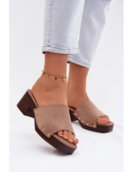 Moteriškos basutės su blokiniu kulnu tamsiai smėlio spalvos su auksinėmis sagtimis Davessa