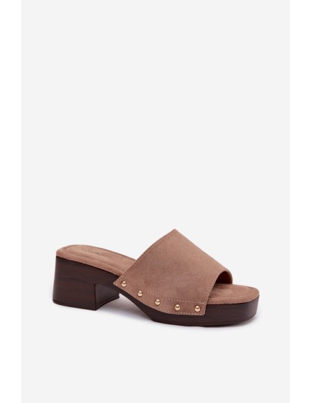 Moteriškos basutės su blokiniu kulnu tamsiai smėlio spalvos su auksinėmis sagtimis Davessa