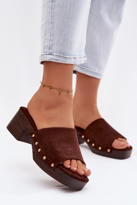 Women's Platform Slippers with Gold Buckles Chocolate Davessa