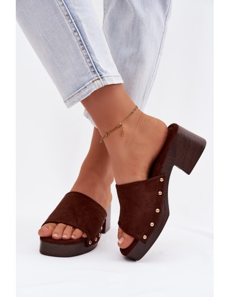 Women's Platform Slippers with Gold Buckles Chocolate Davessa