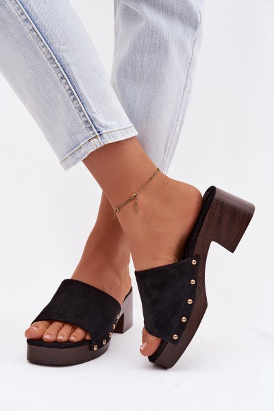 Women's Block Heel Sandals With Gold Buckles Black Davessa