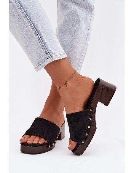 Women's Block Heel Sandals With Gold Buckles Black Davessa