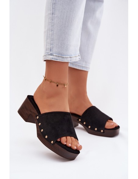 Women's Block Heel Sandals With Gold Buckles Black Davessa