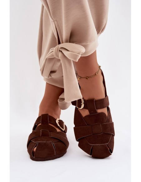 Women's Mules With Straps and Gold Buckle Chocolate Ganelle