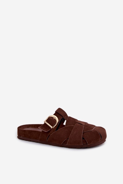 Women's Mules With Straps and Gold Buckle Chocolate Ganelle