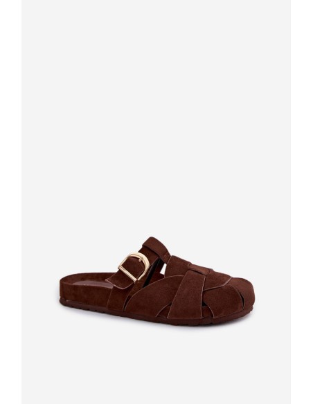 Women's Mules With Straps and Gold Buckle Chocolate Ganelle
