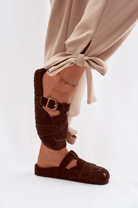 Women's Mules With Straps and Gold Buckle Chocolate Ganelle