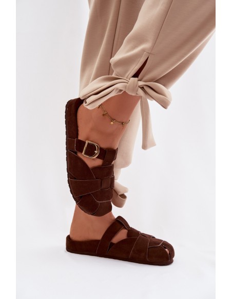 Women's Mules With Straps and Gold Buckle Chocolate Ganelle