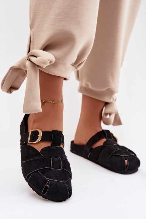 Moteriškos basutės su dirželiais ir auksine sagtimi, juodos...