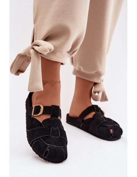 Women's Mules With Straps And Gold Buckle Black Ganelle
