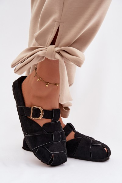 Women's Mules With Straps And Gold Buckle Black Ganelle 2