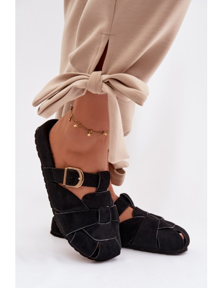 Women's Mules With Straps And Gold Buckle Black Ganelle