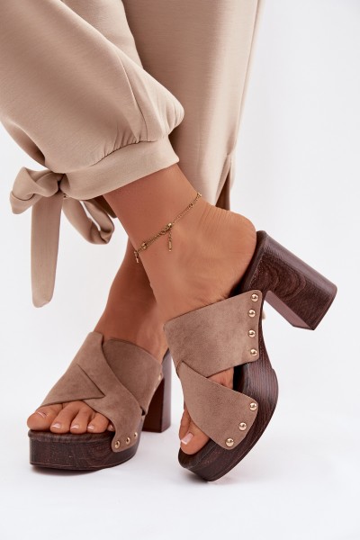 Women's Block Heel Sandals With Gold Buckles Dark Beige Nerelle