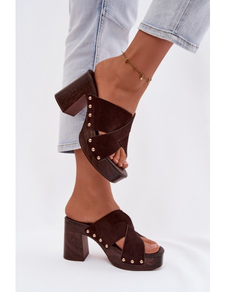 Women's Block Heel Sandals With Gold Buckles Chocolate Nerelle