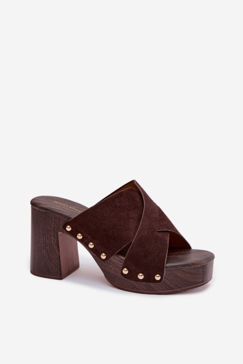 Women's Block Heel Sandals With Gold Buckles Chocolate Nerelle