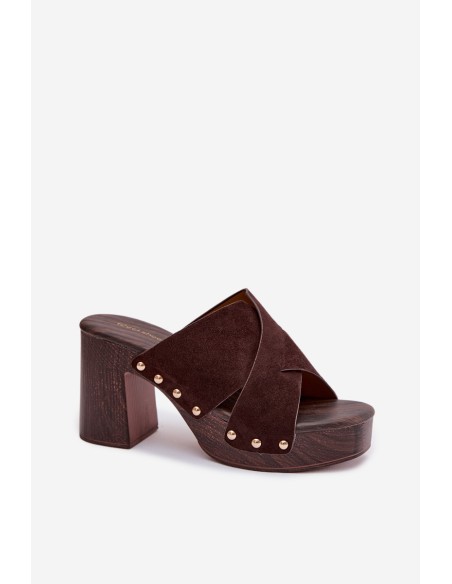 Women's Block Heel Sandals With Gold Buckles Chocolate Nerelle