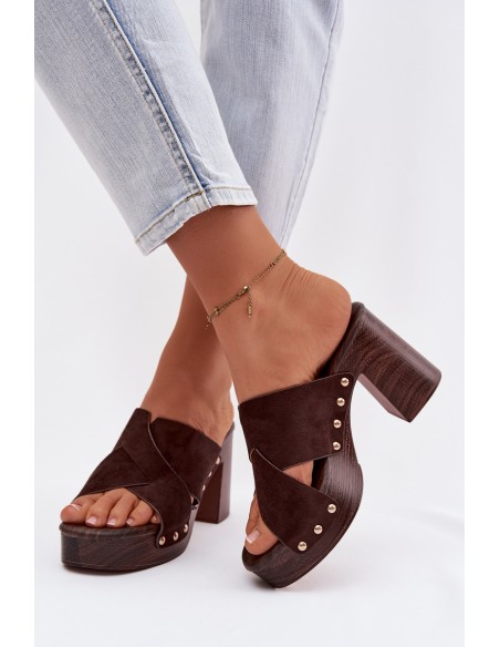 Women's Block Heel Sandals With Gold Buckles Chocolate Nerelle