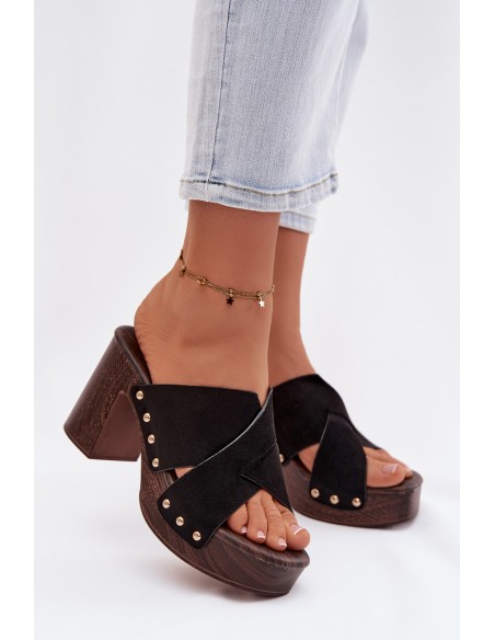 Women's Block Heel Sandals With Gold Buckles Black Nerelle