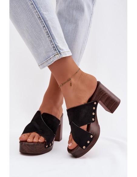 Women's Block Heel Sandals With Gold Buckles Black Nerelle