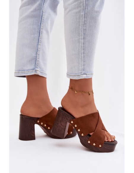 Women's Block Heel Sandals With Gold Buckles Camel Nerelle