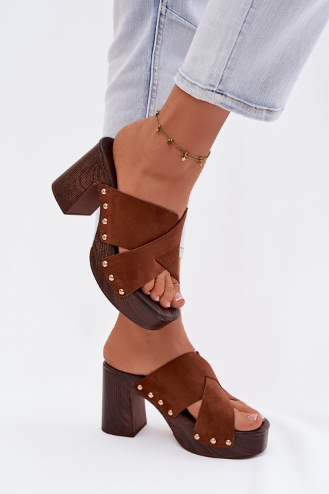 Women's Block Heel Sandals With Gold Buckles Camel Nerelle