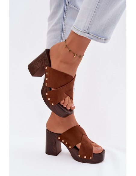 Women's Block Heel Sandals With Gold Buckles Camel Nerelle