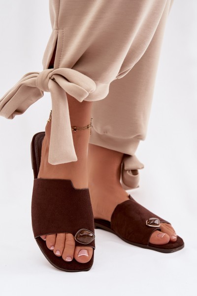 Women's Flat Slippers With Decorative Detail Eco Suede Chocolate Selavine