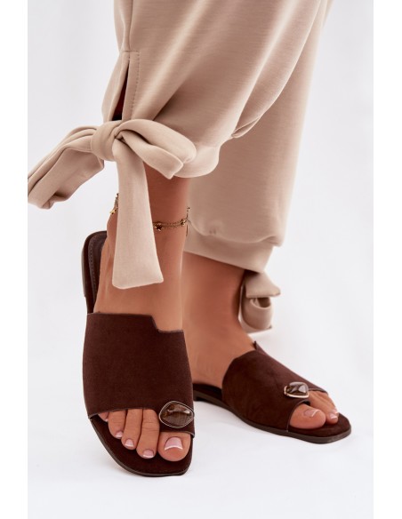 Women's Flat Slippers With Decorative Detail Eco Suede Chocolate Selavine