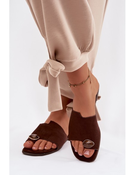 Women's Flat Slippers With Decorative Detail Eco Suede Chocolate Selavine