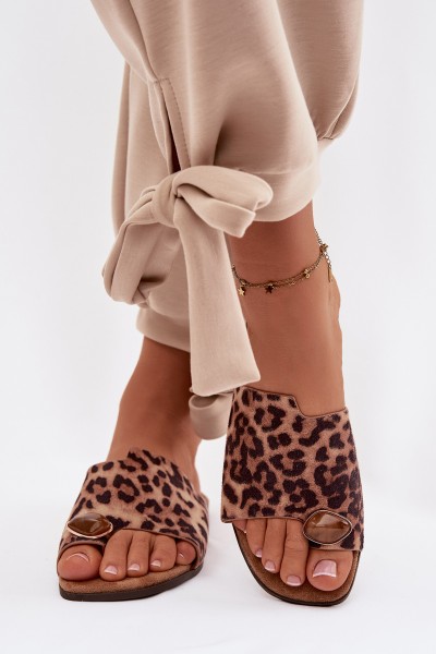 Women's Flat Eco Suede Leopard Print Decorated Detail Slides Selavine
