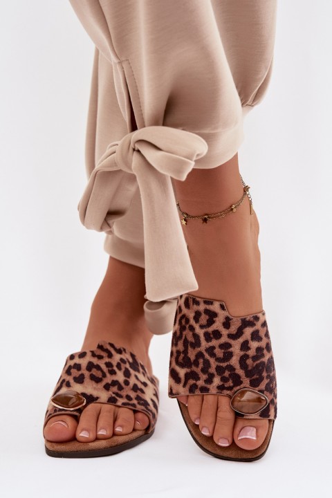 Women's Flat Eco Suede Leopard Print Decorated Detail Slides Selavine