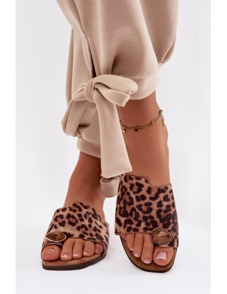 Women's Flat Eco Suede Leopard Print Decorated Detail Slides Selavine