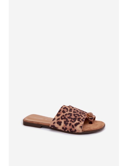 Women's Flat Eco Suede Leopard Print Decorated Detail Slides Selavine