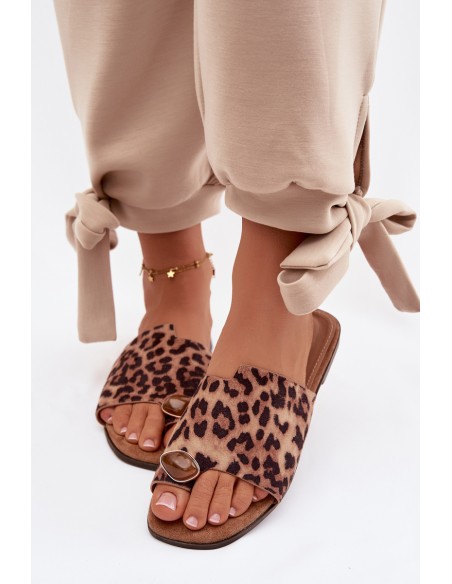 Women's Flat Eco Suede Leopard Print Decorated Detail Slides Selavine
