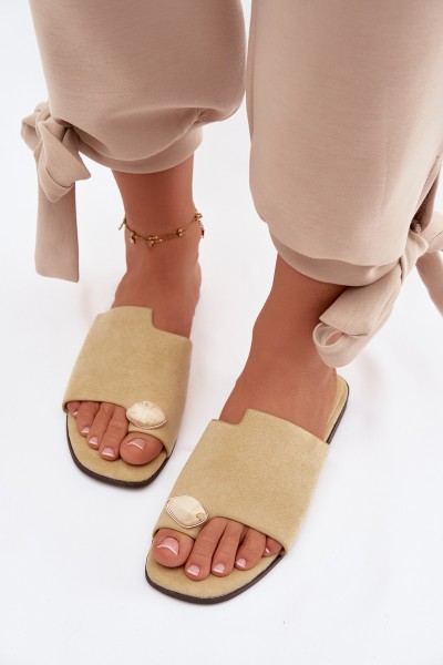 Women's Flat Decorated Eco Suede Yellow Slides Selavine