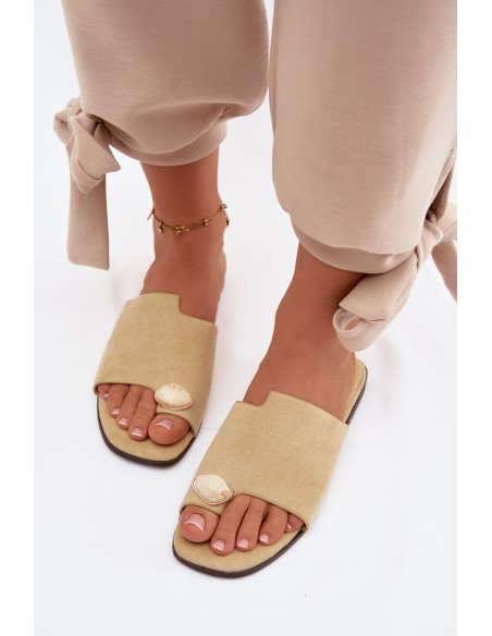 Women's Flat Decorated Eco Suede Yellow Slides Selavine