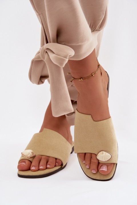 Women's Flat Decorated Eco Suede Yellow Slides Selavine