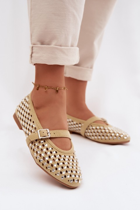 Women's Lace Ballerinas With Crystals And Straps Yellow Wilvessa