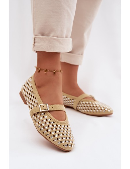 Women's Lace Ballerinas With Crystals And Straps Yellow Wilvessa