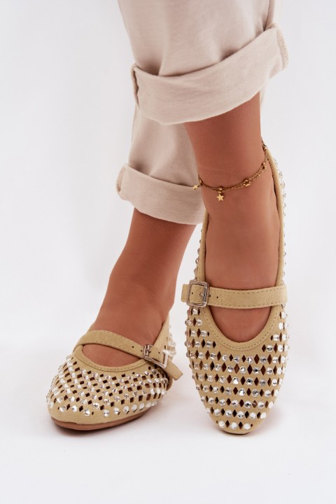 Women's Lace Ballerinas With Crystals And Straps Yellow Wilvessa