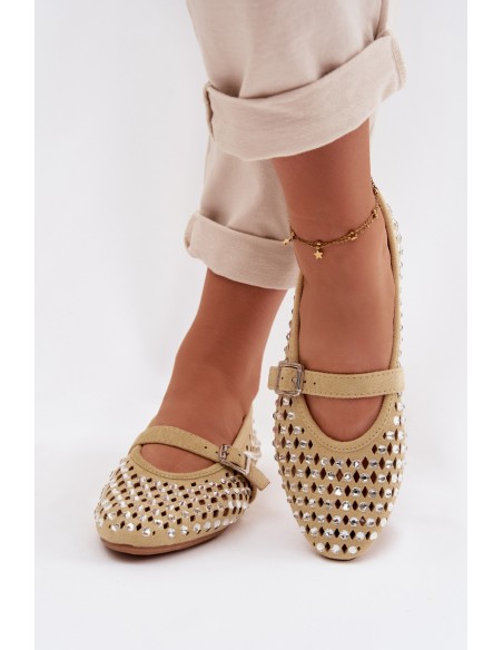 Women's Lace Ballerinas With Crystals And Straps Yellow Wilvessa