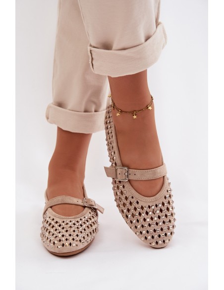 Moteriškos nėriniuotos balerinos su cirkoniais ir dirželiu Bežowe Wilvessa