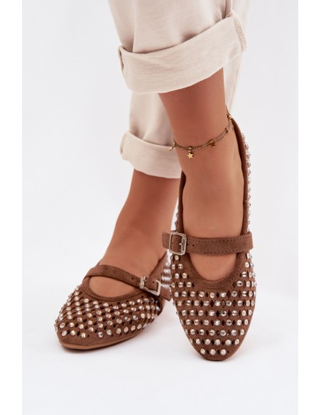 Moteriškos ažūrinės balerinos su cirkoniais ir dirželiu, rudos spalvos, Wilvessa