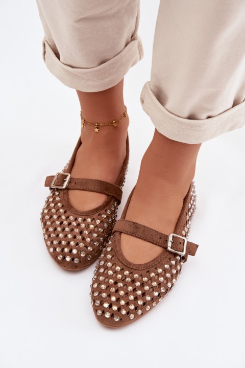 Moteriškos ažūrinės balerinos su cirkoniais ir dirželiu, rudos spalvos, Wilvessa